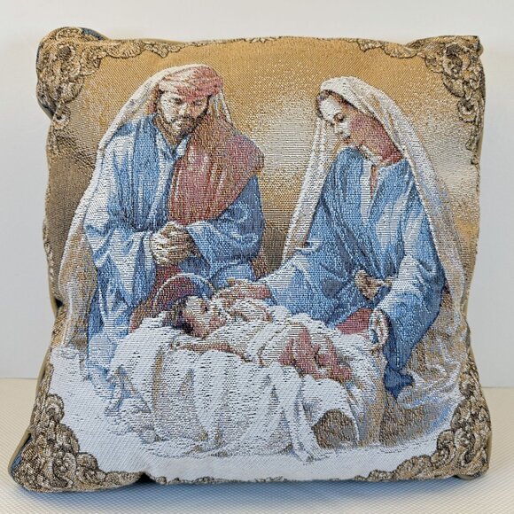Vintage Nativity Tapestry Throw Pillow 16"x16" Tan Backing Mary Joseph Jesus - Picture 1 of 6